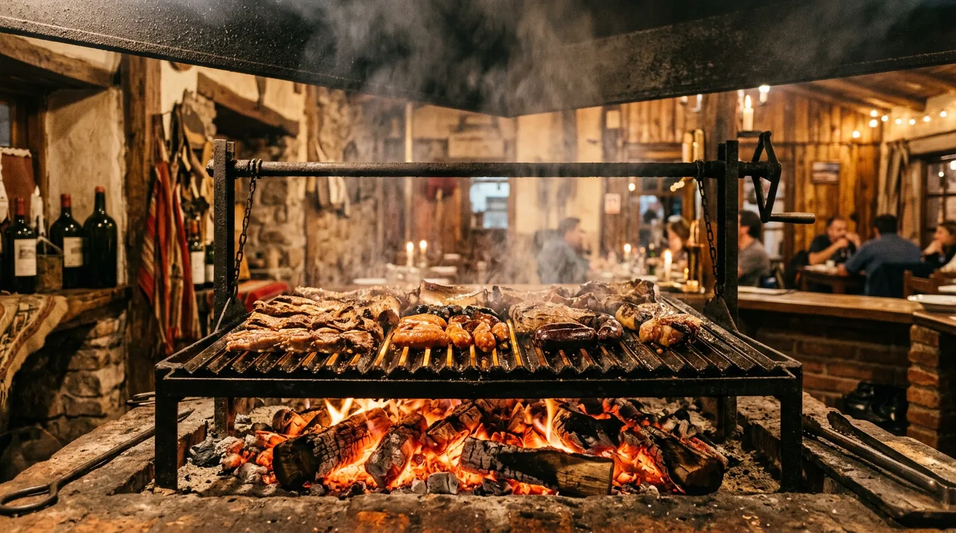Parrilla criolla con brasas y carne asándose en El Paseo Güemes, Salta