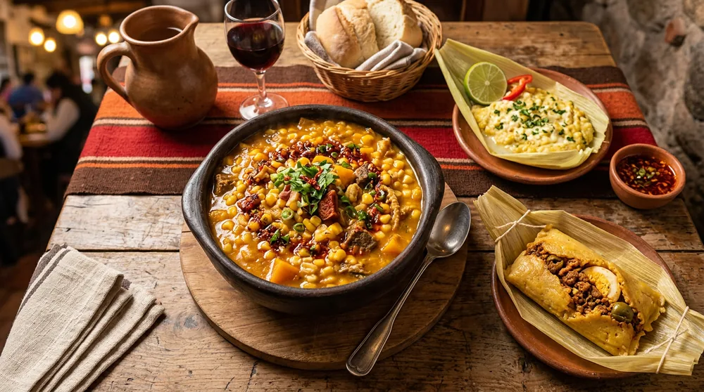 Locro norteño en olla de barro con humita y tamales